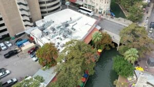 Aerial view of commercial building with new roof